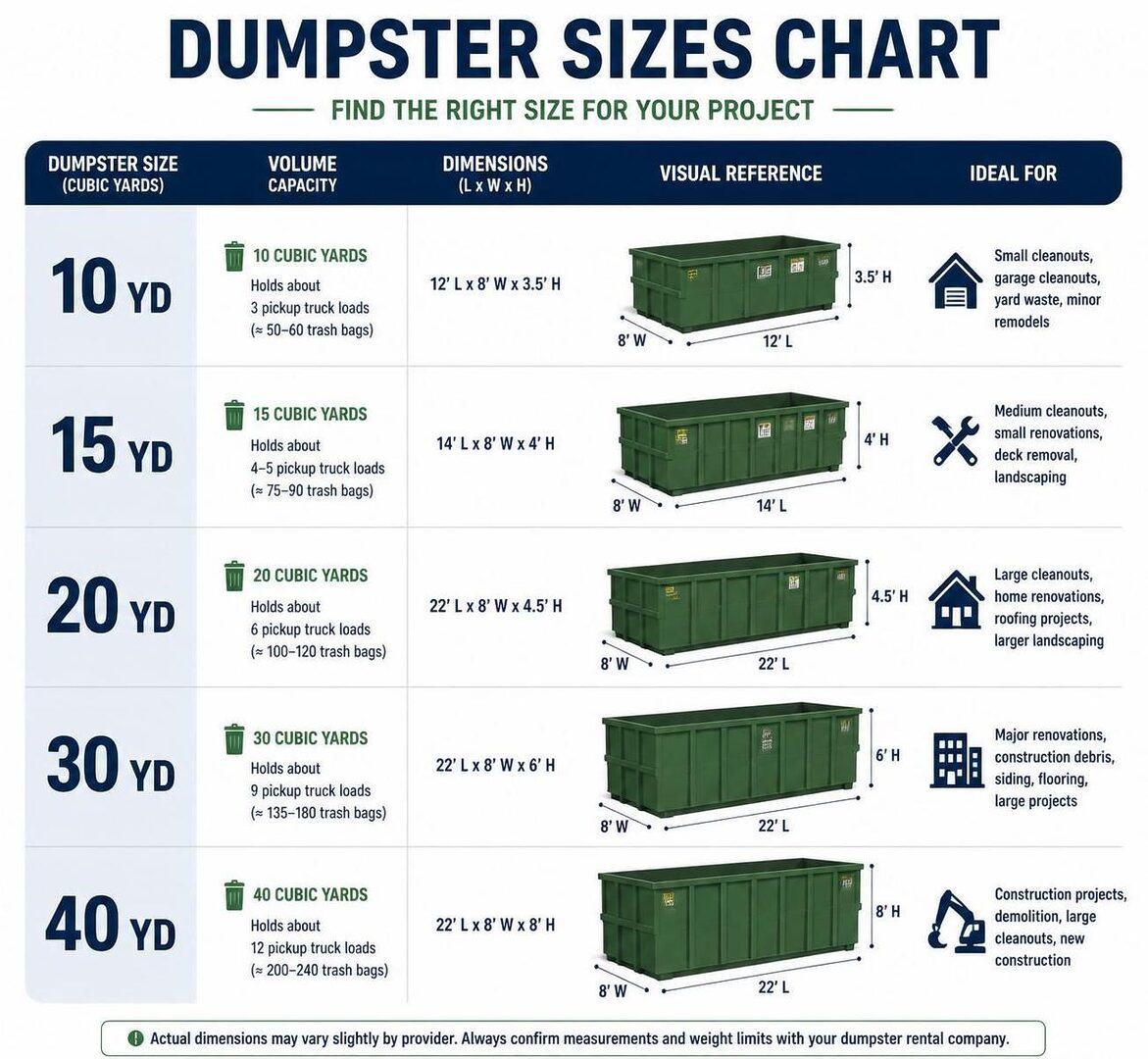 discover how to choose the right dumpster size for your waste disposal needs with our comprehensive dumpster sizes chart, ensuring efficient and cost-effective waste management.